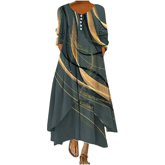 Pompotops Robe Longue Décontractée à Manches Longues et Col Rond pour Femmes avec Boutons et Poches en Solde