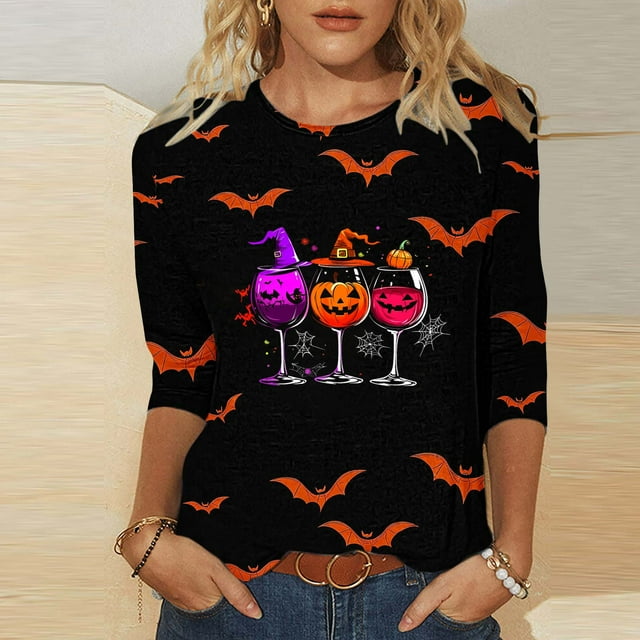 Wensltd Halloween Chemises pour Femmes T-Shirt Graphique Drôle Décontracté à Manches Courtes Tenue d'Automne