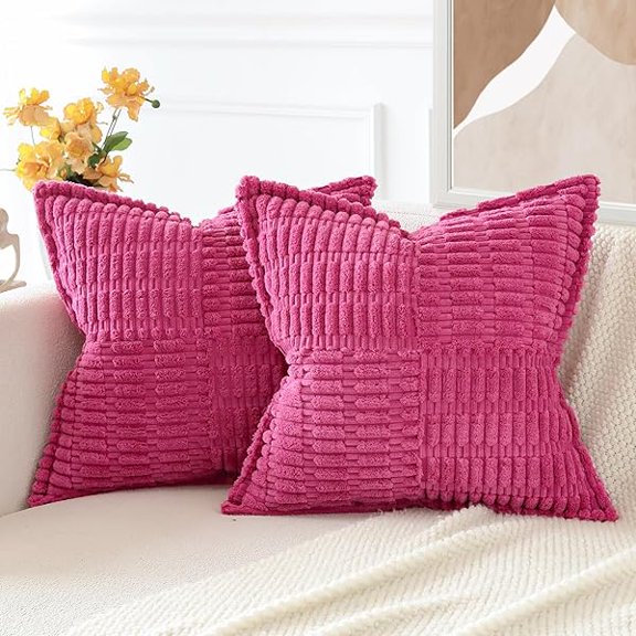 USBSO Pack of 2 Corduroy Soft Decorative Throw Pillow Covers with Splicing Boho Striped Square Home Decor Pillow Covers for Couch Sofa Bed Decorative Pillowcases 20 x 20 Inch (Hot Pink)