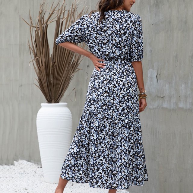 Vestido Con Nudo Floral En La Parte Delantera, Estampado Con Cuello En V Y Mangas Abullonadas Con Botones Ocultos, Elegante, Fluido, Una Línea, Amigable Con La Piel Para Fiestas, Amonsee Otros