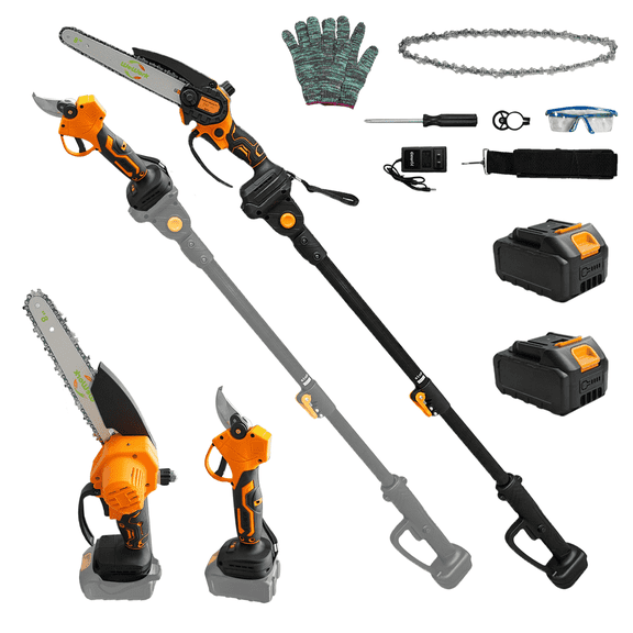 Gewol 21V 4-in-1 Cordless Pole Saw & Pruner Kit – 8" Chainsaw, 13.2ft Pole, 2×2000mAh Batteries, Brushless Motor