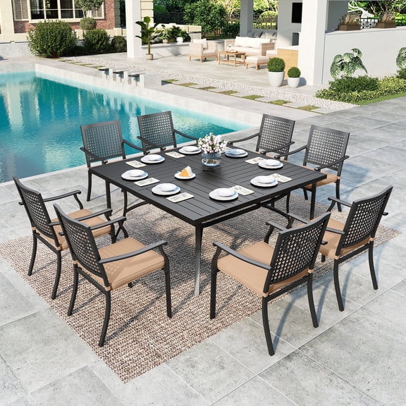 SUMMIT LIVING 9-Piece Outdoor Patio Dining Set with Large Metal Steel Square Table with Umbrella Hole & Stackable Chairs with Cushions (Weight Capacity 350 lbs) for 8-Person, Black & Brown