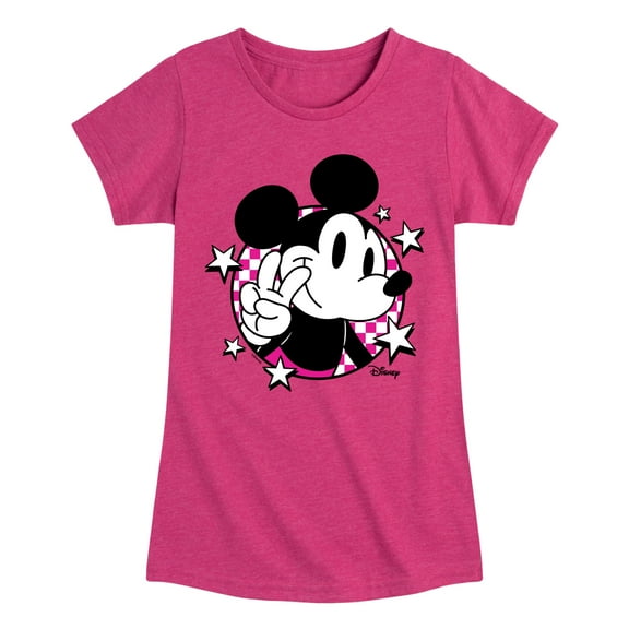 Disney - Mickey & Friends - Peace Sign - Checkered Background - Toddler And Youth Girls Short Sleeve Graphic T-Shirt