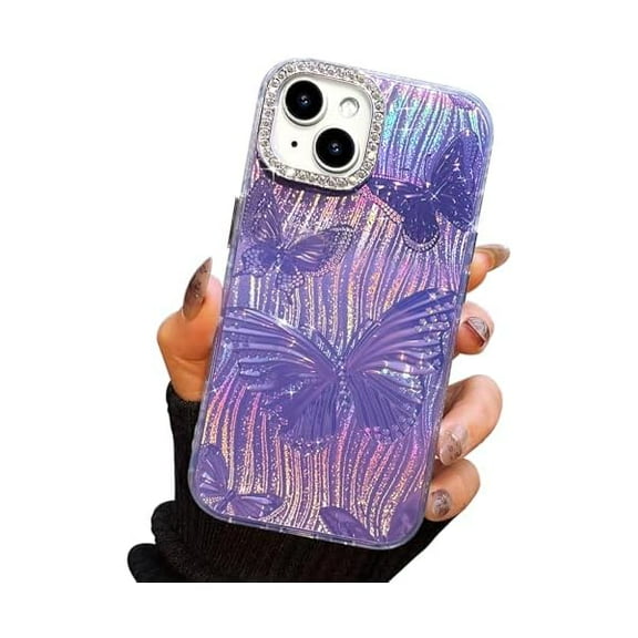 FU1999 for iPhone 13 Case & iPhone 14 Case Butterfly Design,3D Diamond Camera Lens Protection Frame,Cute Soft Slim Shockproof TPU Protective Phone Cases Women Girls Purple,iPhone 14/13 6.1"