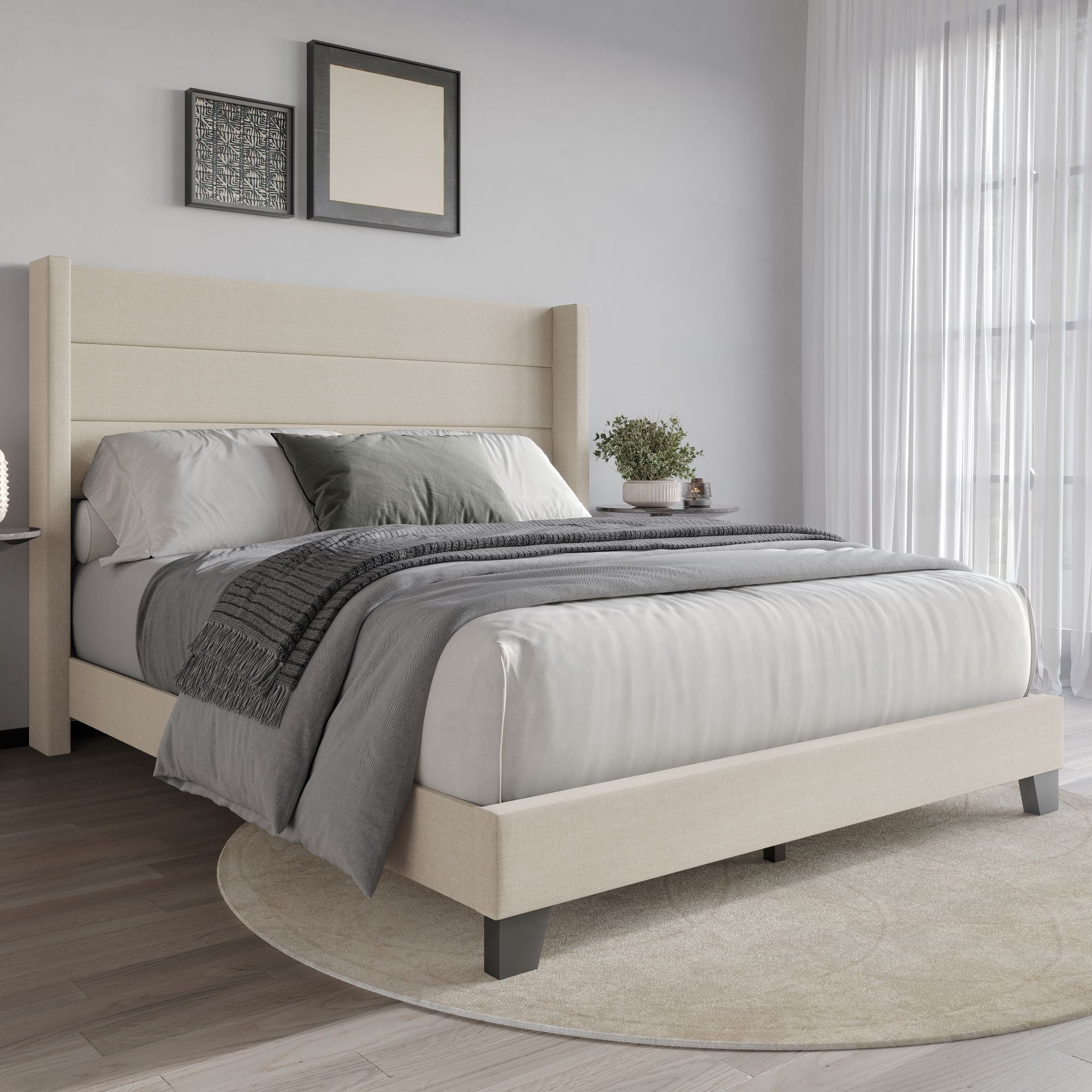 Home Design Niles Twin Upholstered Panel Bed Frame with Wingback Headboard and Foam-Padded Support, Beige, Easy Assembly