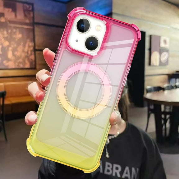 for iPhone 14 Case Magnetic Phone Case, [Support for Magsafe] Gradient Crystal Elegant Case, Four Corner Cushion Protection Cover Camera Protective for Girls Women -Red Yellow