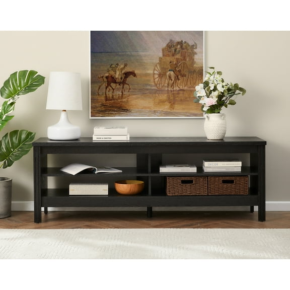 Farmhouse Wood Television Stand for 65 inch TV Entertainment Center with 4 Storage Cabinets for Living Room,Black