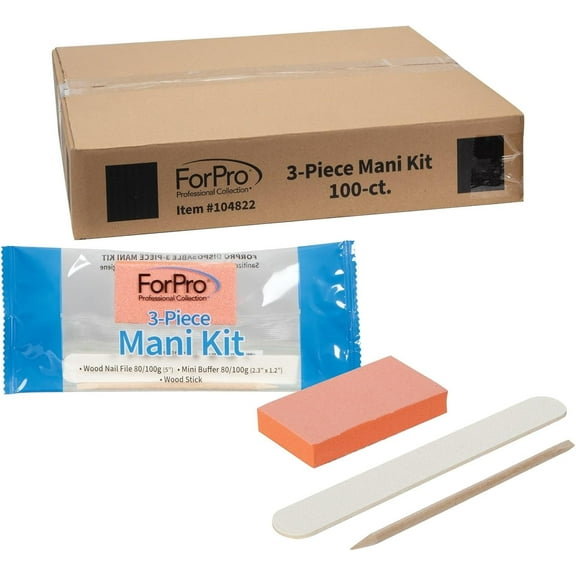 ForPro 3-Piece Mani Kit, 100-Count, Individually-Packed Manicure Set, White Wood Nail File 80/100 Grit, Orange Mini Buffer 80/100 Grit, Wood Stick