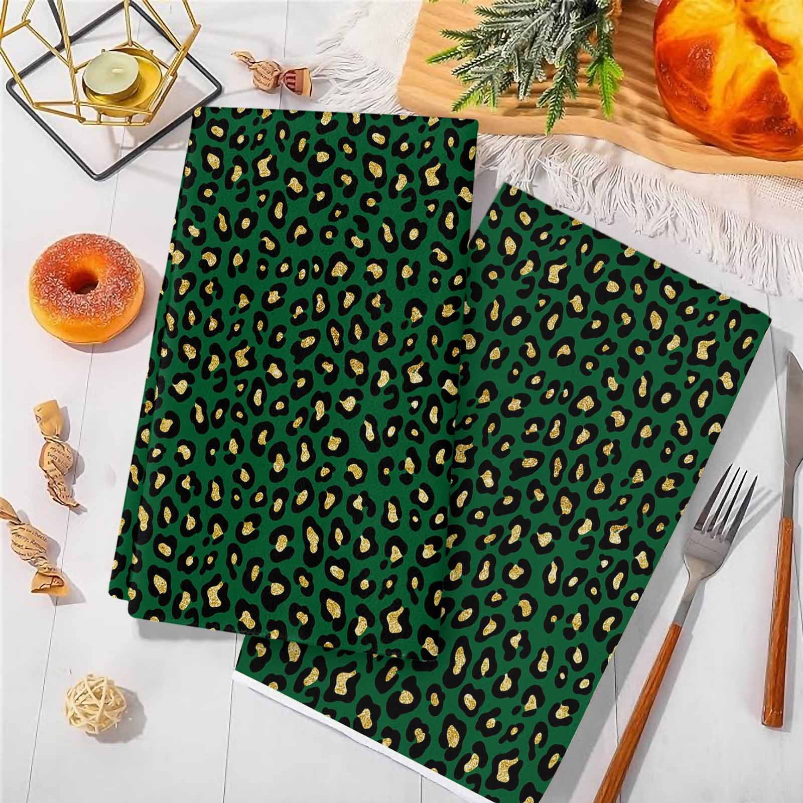 Dish Towels, Green Leopard Print Absorbent Kitchen Towels 2 PCS, Luxury Animal Fur Pattern Microfiber Hand Towels Dish Cloths Tea Towels for Home&nbsp;Bathroom Cleaning Drying,18X28-Inch,