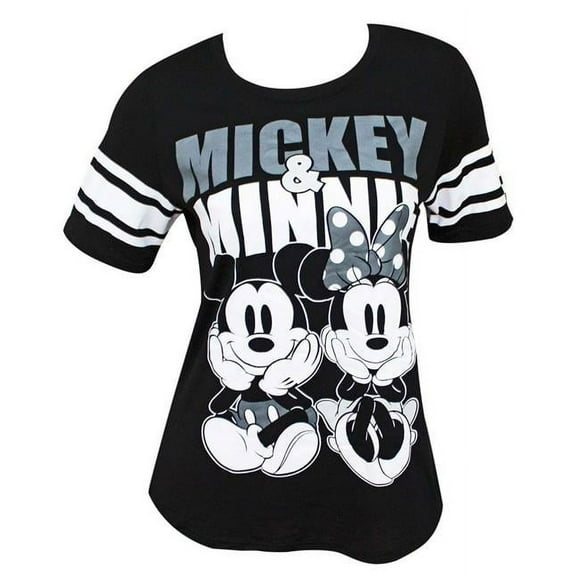 Disney 47991-Medium Mickey & Minnie Mouse Womens Football Striped Black Tee Shirt - Medium
