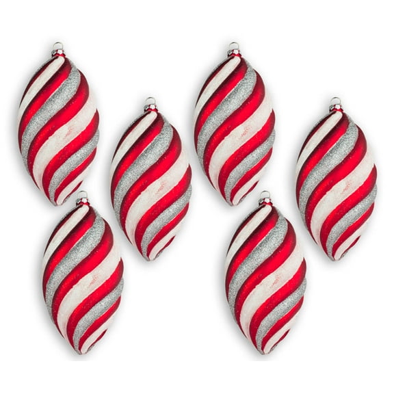 6 Pack of Red, White, and Silver Teardrop Ornaments with Silver and White Glitter Enhancements