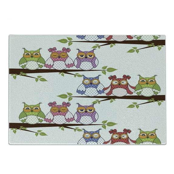 Owls Cutting Board, Owls on the Tree Branches Sitting in Horizontal Line Friendship Event Themed Art, Decorative Tempered Glass Cutting and Serving Board, Small Size, Multicolor, by Ambesonne
