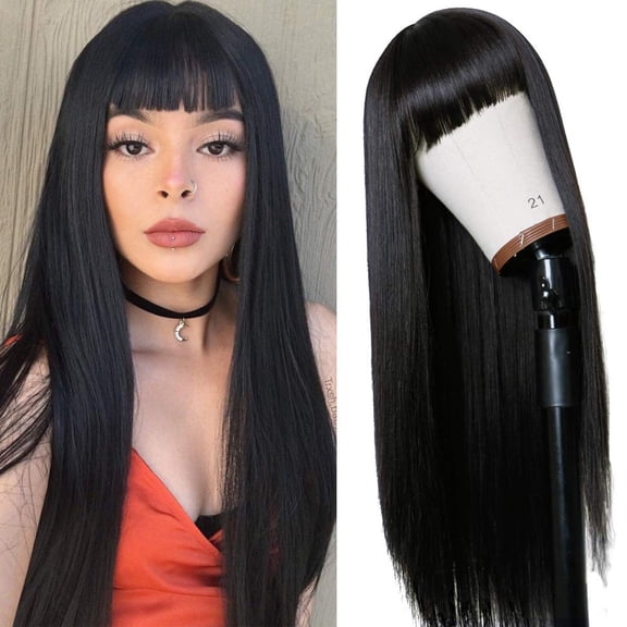 JOFMWIX 24-Inch Long Straight Hair Wig Natural Black Remy Heat Resistant Fiber - Silky Smooth, No Tangles, Everyday & Party Cosplay Wig
