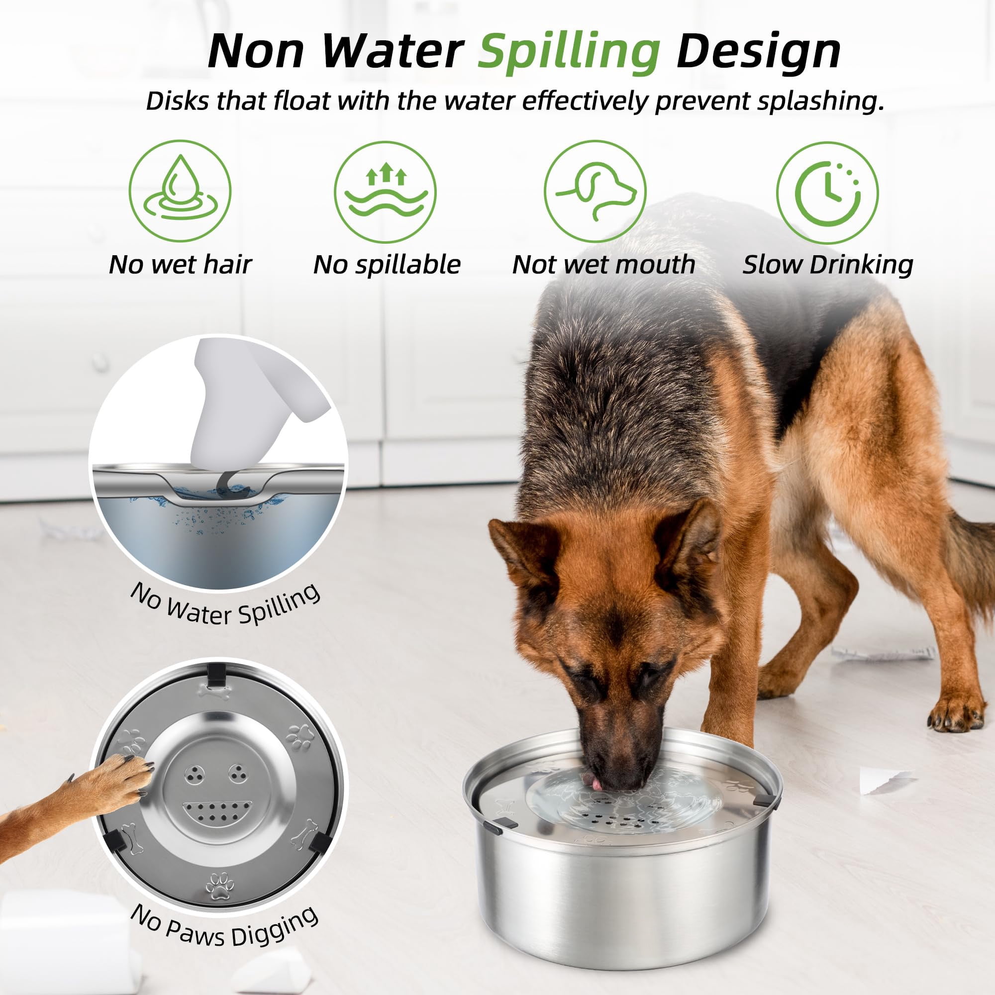 Stainless Steel No Spill Dog Water Bowl, 1L Large Capacity Slow Feeder Splash Pet Drinking Bowl for Dogs Cats, Durable Non Slip Design for Indoor Outdoor Use, Siler