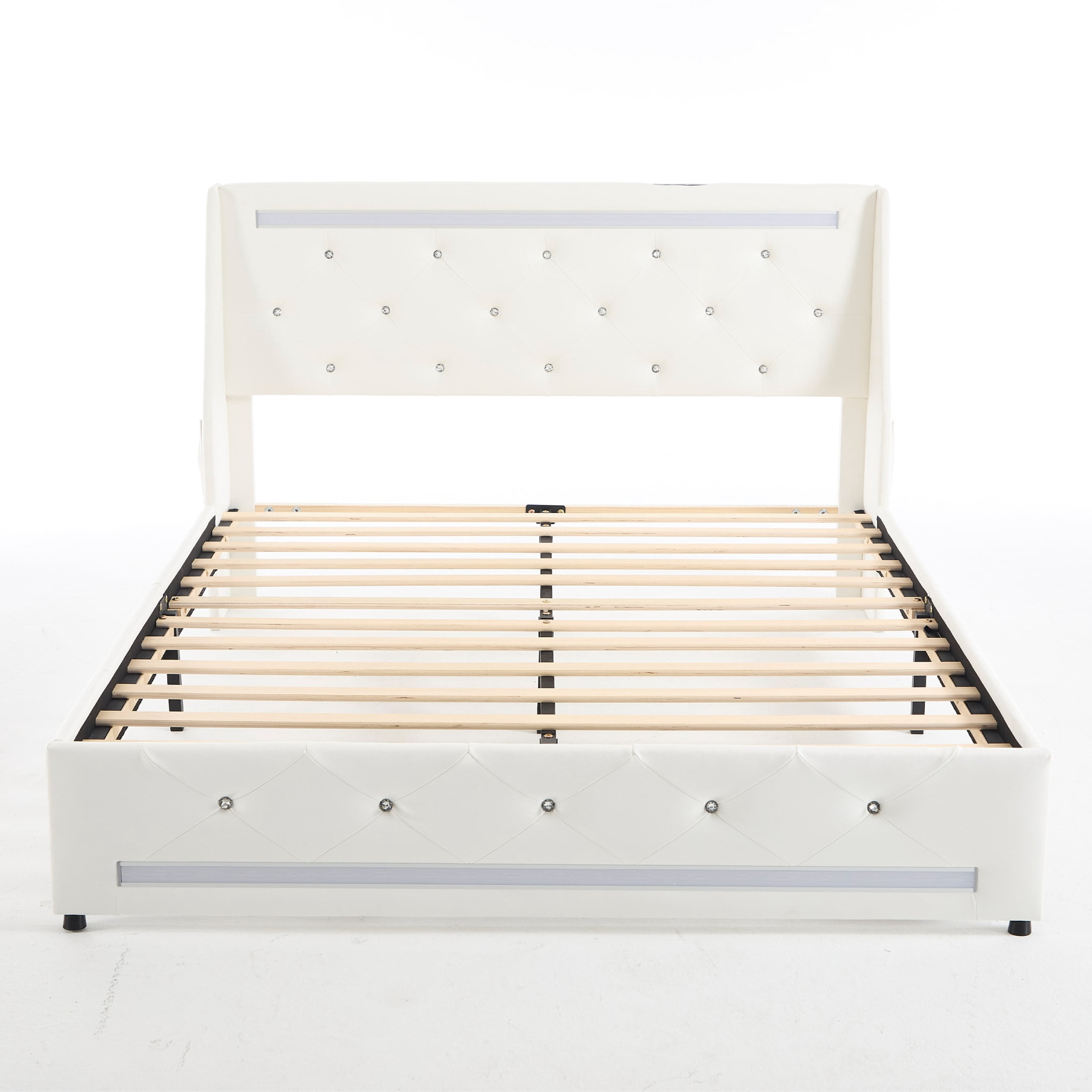 Noble House Eille Queen Size Upholstered Bed Frame with LED Lights & Charging Station, Diamond Headboard, White
