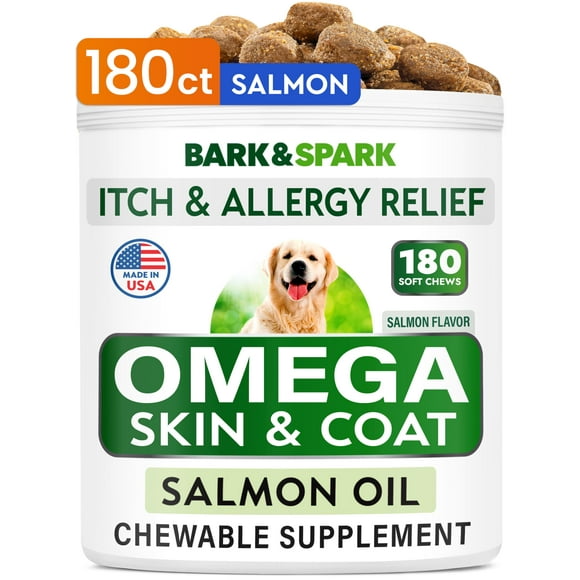 BARK&SPARK Omega 3 for Dogs - 180 Fish Oil Treats for Dog Shedding, Skin Allergy, Itch Relief, Hot Spots Treatment - Joint Health - Skin and Coat Supplement -