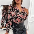thumbnail image 3 of Body con estampado floral para mujer, elástico, con cuello en V, ribete con volantes, mono ajustado de retazos de una pieza L Negro, 3 of 11