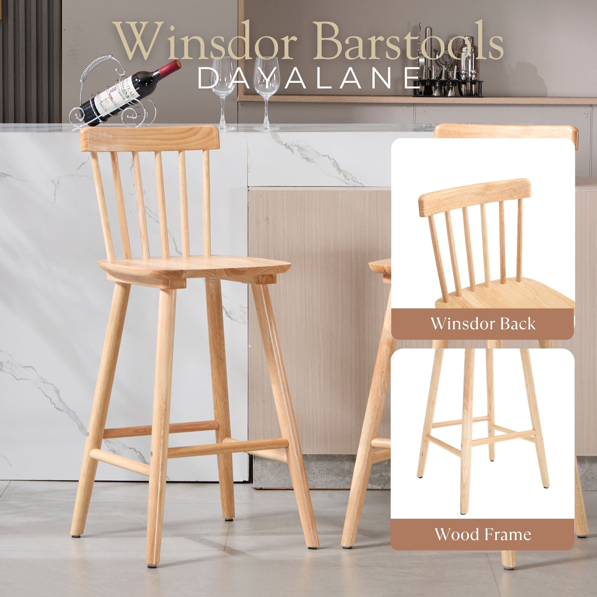 Dayalane Windsor Bar Stools Set of 2, 26" Farmhouse Wooden Counter Height Barstools with Spindle Back & Footrest, Armless Kitchen Island Stools for Bistro, Pub, Breakfast Bar,Natural