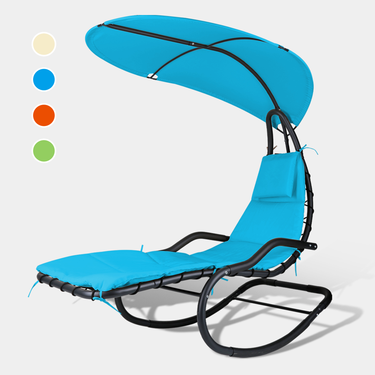 Rocking Hanging Lounge Chair - Curved Chaise Rocking Lounge Chair Swing For Backyard Patio w/ Built-in Pillow Removable Canopy with stand {Blue} - image 3 of 8