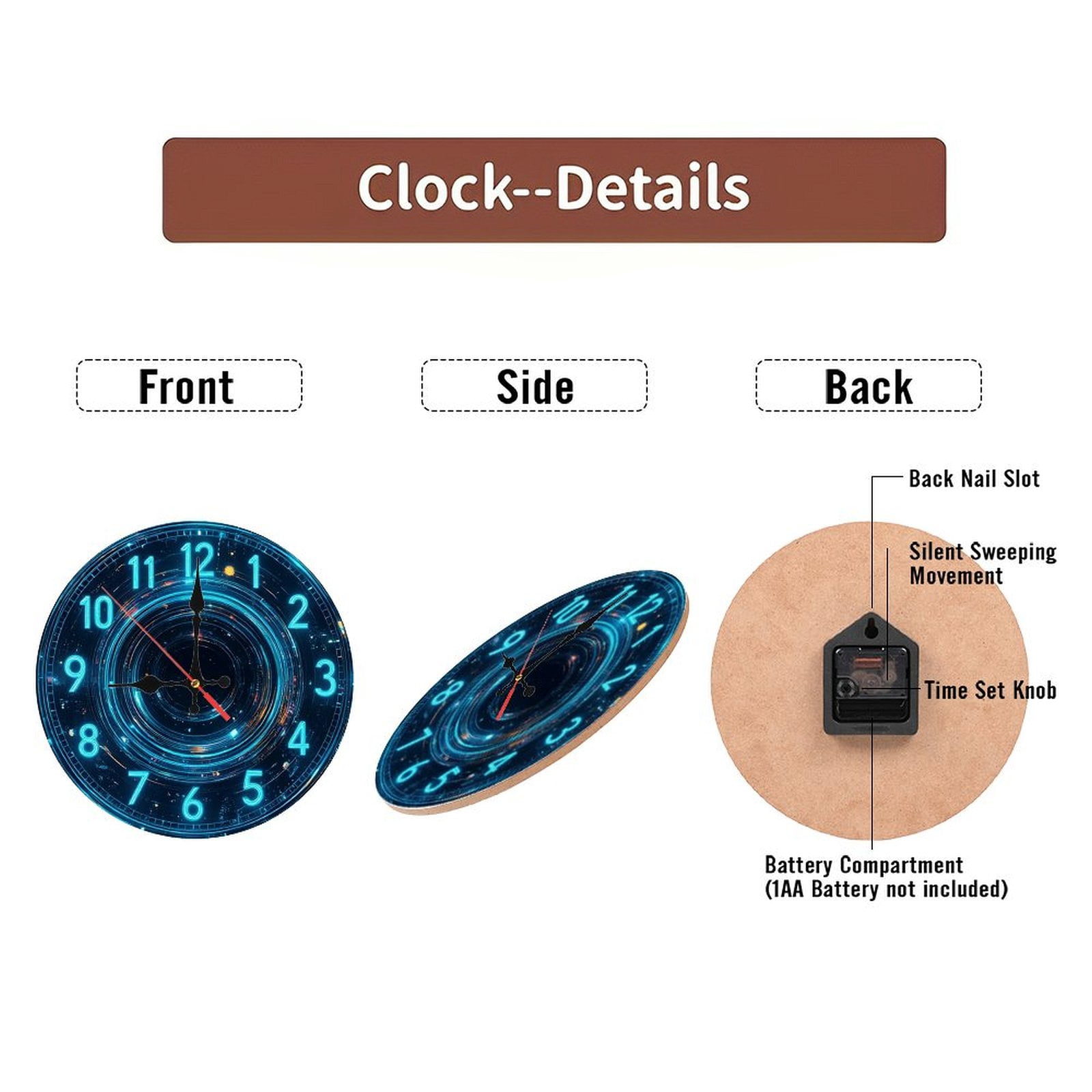 Neon Clock Wall Art Blue Digital Circular 10-Inch Silent Wooden Wall Clock, Battery Operated (AA Batteries Not Included), Artistic Home Decor