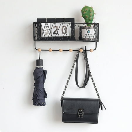 Wall Mounted Storage Unit Wall Mounted Shelf Wire Rack Storage Unit With Hooks Basket Key Hanging Hanger Black S ()