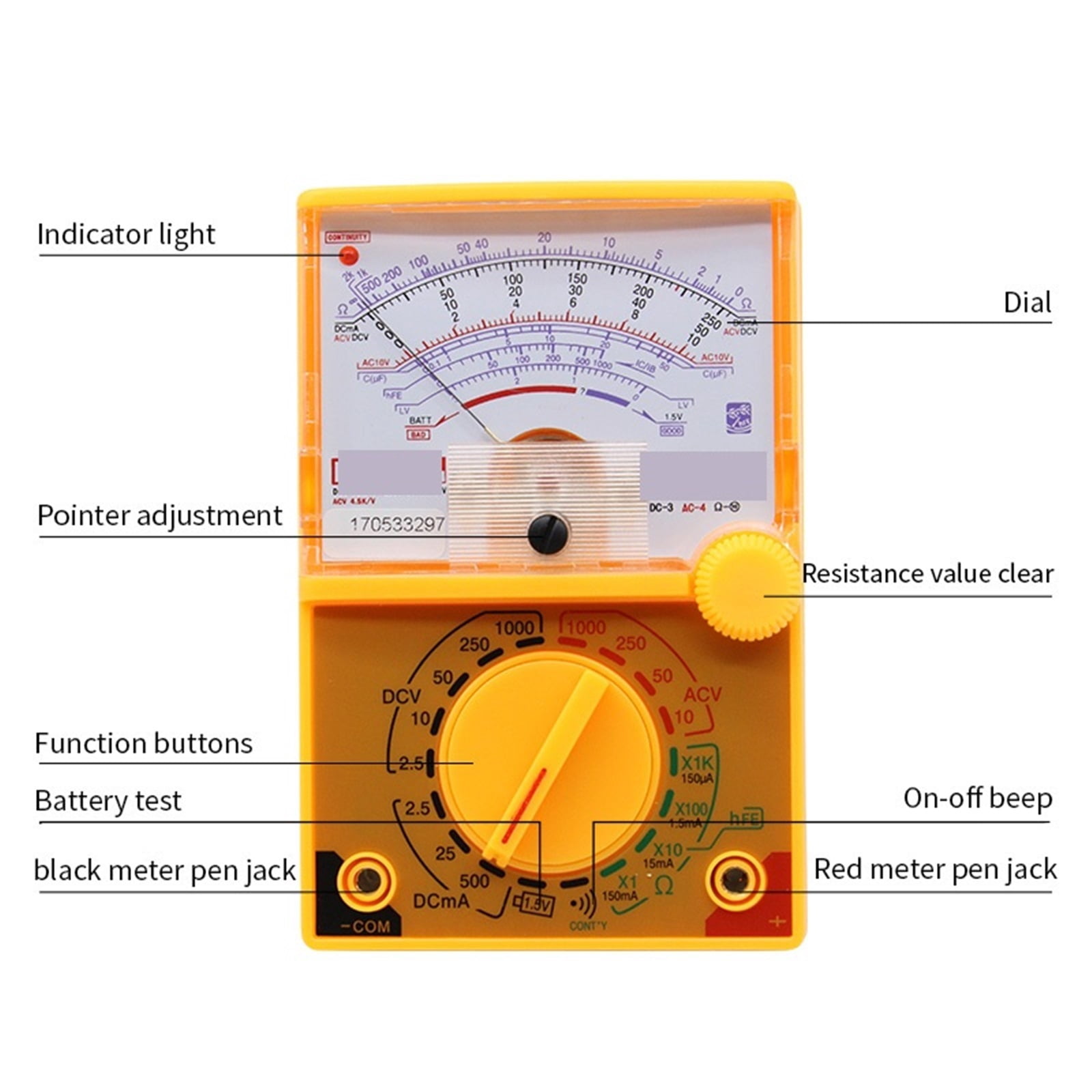 Pointer Meter DC/AC 1000V Voltmeter 500mA Ammeter 1K Resistance Meter Analog Multimeter Electrician Tools ,Battery Test