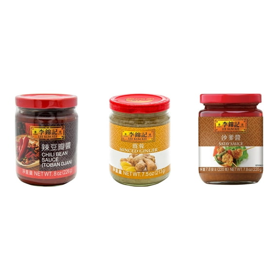 3 Pack Lee Kum Kee Cooking Sauce, 3 Flavors(Chili Bean Sauce,Minced Ginger Sauce,Satay Sauce) Plus NineChef Brand Long Handle Coffee Spoon
