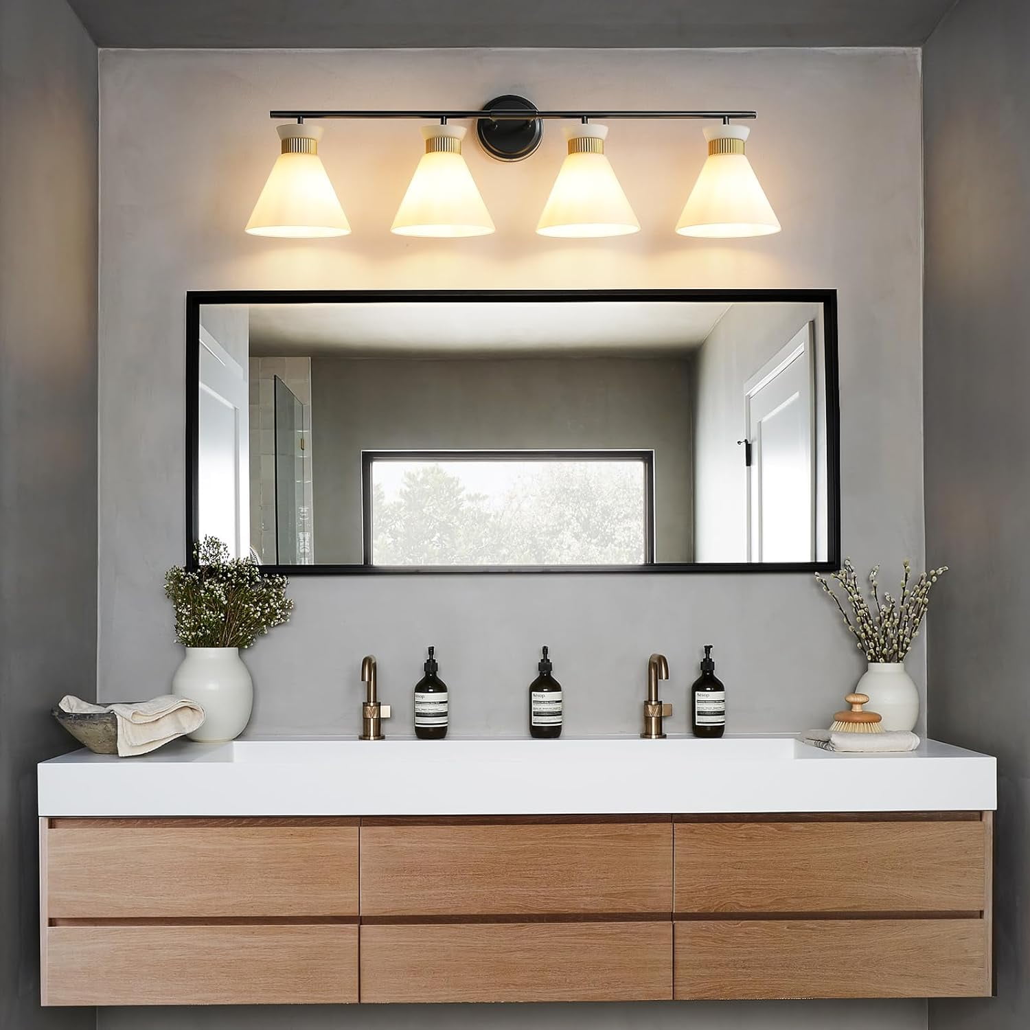 4-Lights Vanity Lights for Bathroom Black and Gold Wall Sconce Lighting with Frosted Milky Glass for Over Mirror Bedroom Hallway
