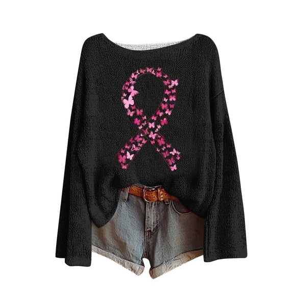 RXMEKW Breast Awareness Day Graphic Pullover Sweater for Women, Round Neck Long Sleeve Knitted Top, 95% Polyester 5% Spandex, Black