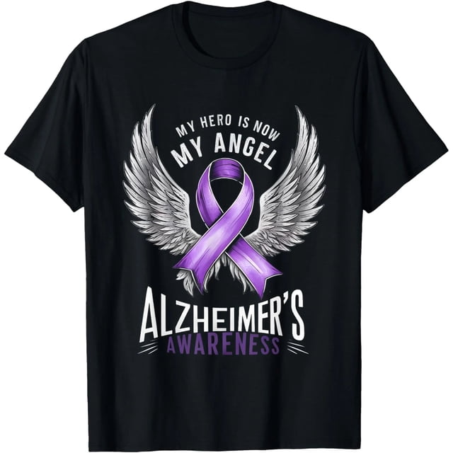 Playera de Mujer: Mi Héroe es Mi Ángel - Conciencia Alzheimer/Demencia, Estilo Misfits, Diseño con Alas, Negro