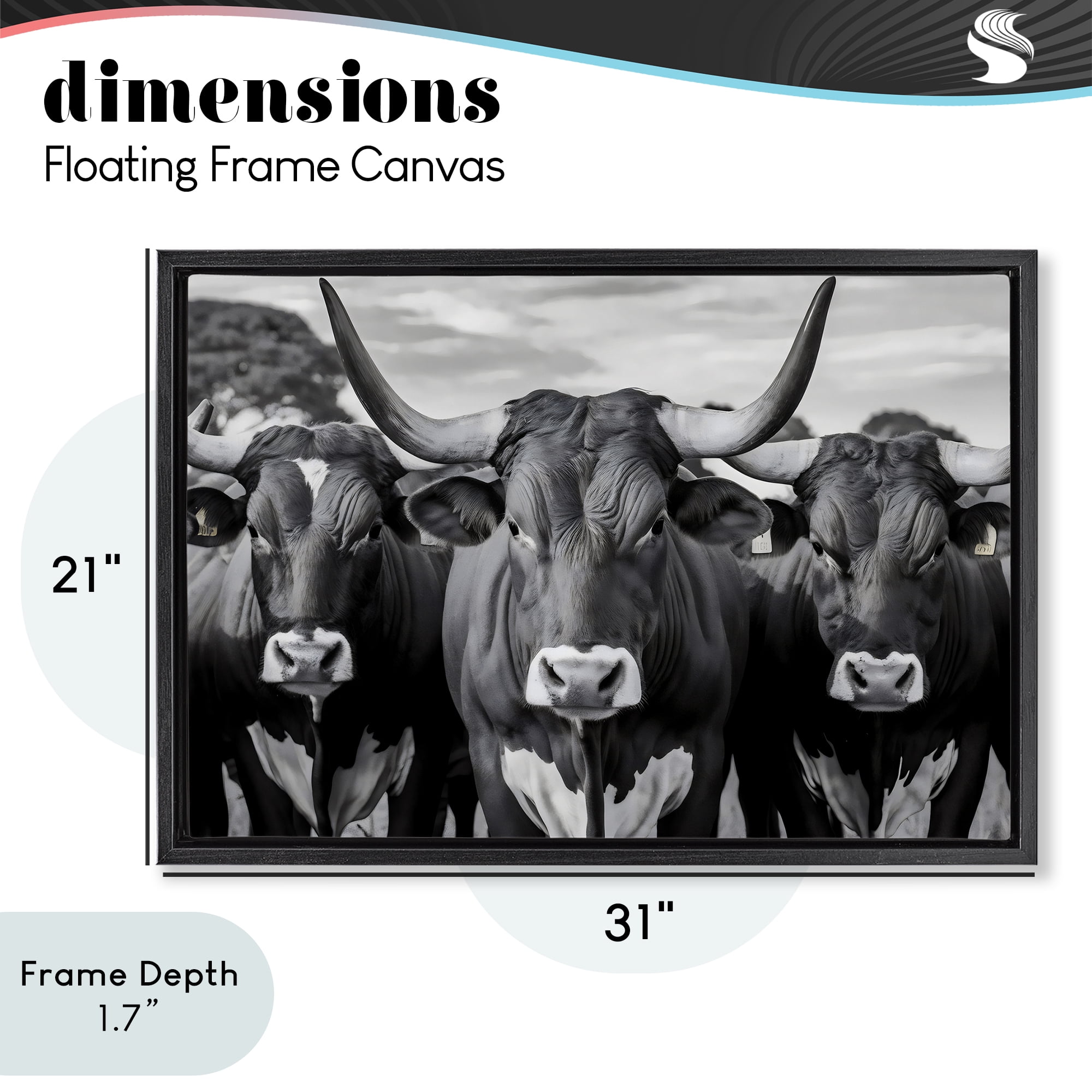 Stupell Industries Three Longhorns in a Row Black Framed Floater Canvas Wall Art, design by Creative Studio