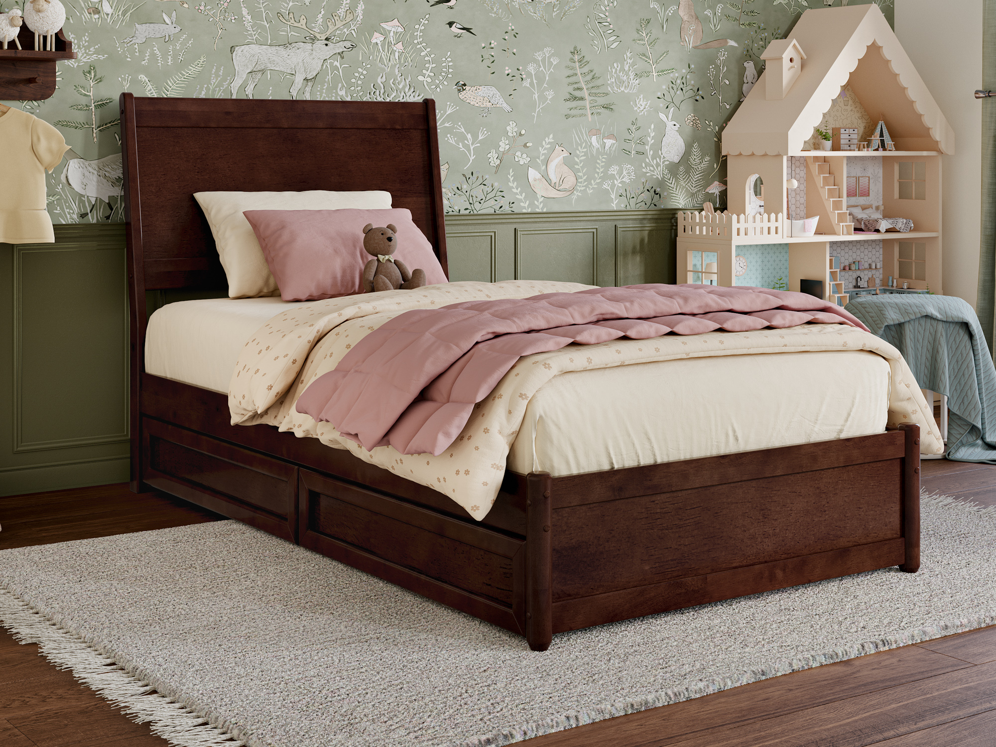AFI Casanova Twin Solid Wood Platform Bed with Panel Footboard and Storage Drawers, Walnut