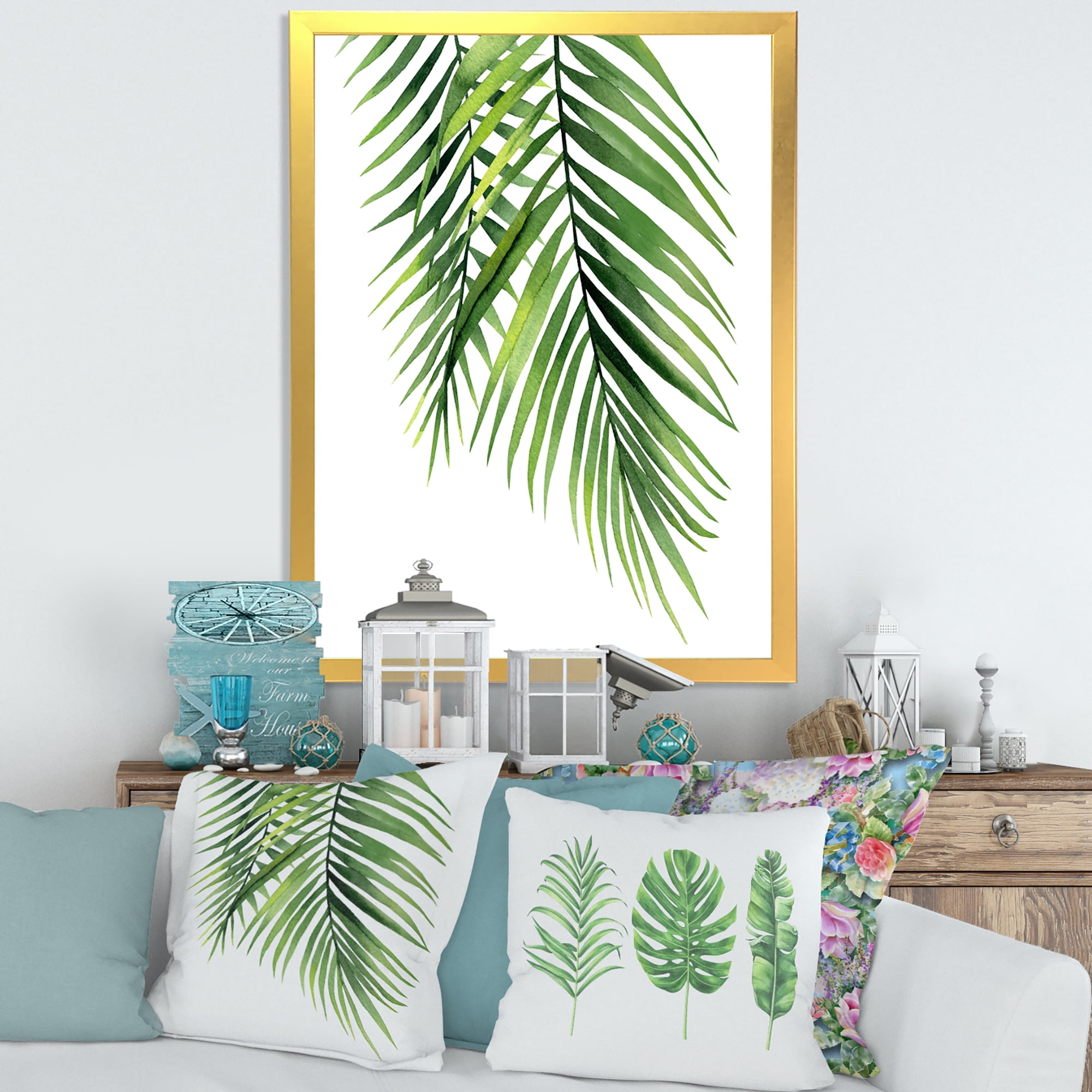 Designart 'Tropical Palm Branches' Tropical Framed Art Print