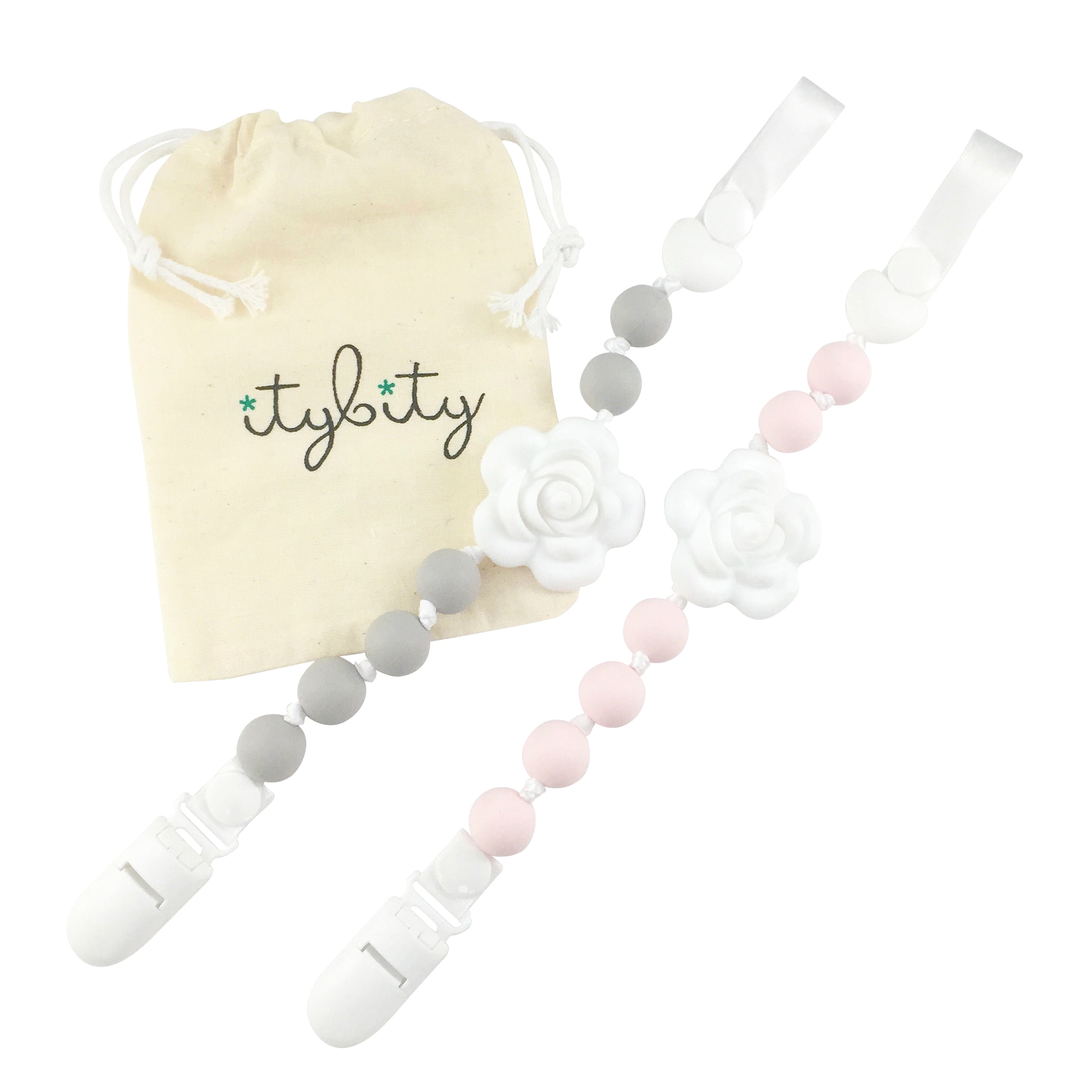 Pacifier Clip Girl, BPA Free Silicone Teether, Set of 2 (Petal Pink/Soft Gray/White)