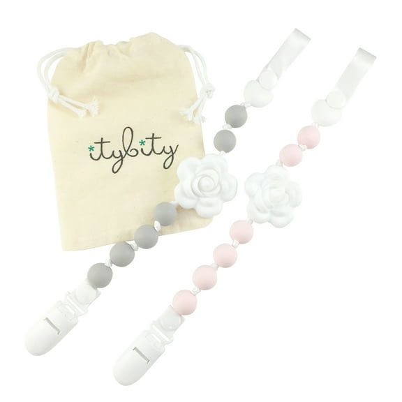 Pacifier Clip Girl, BPA Free Silicone Teether, Set of 2 (Petal Pink/Soft Gray/White)