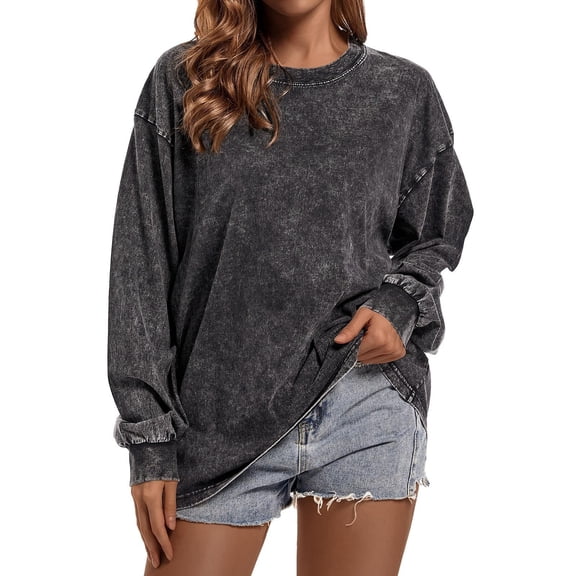 Washed Vintage T Shirts for Women Soft Basic Beach Vacation Tees Casual Fashion Long Sleeve Crewneck Tops
