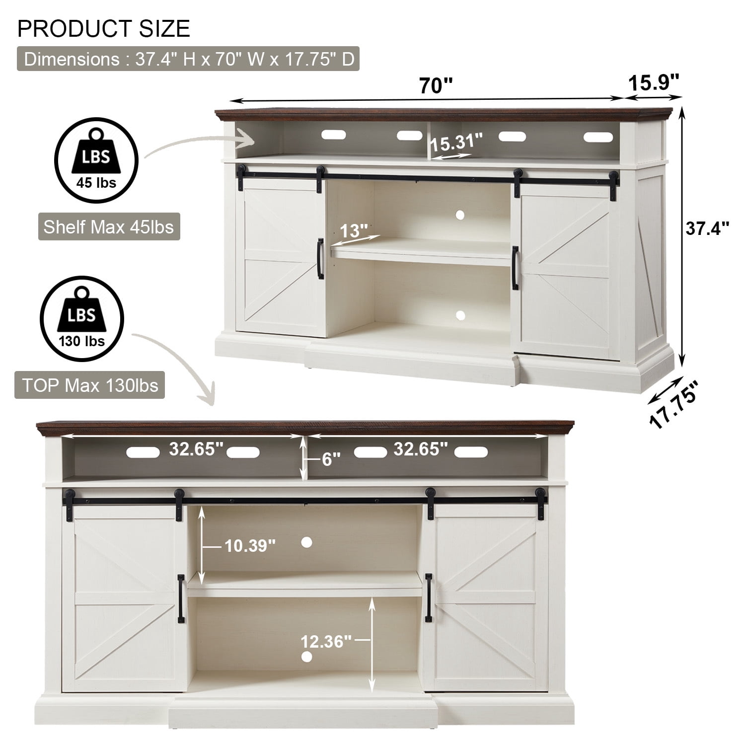 Sincido 37" Farmhouse TV Stand for 80 inch TV's with Adjustable Shelves