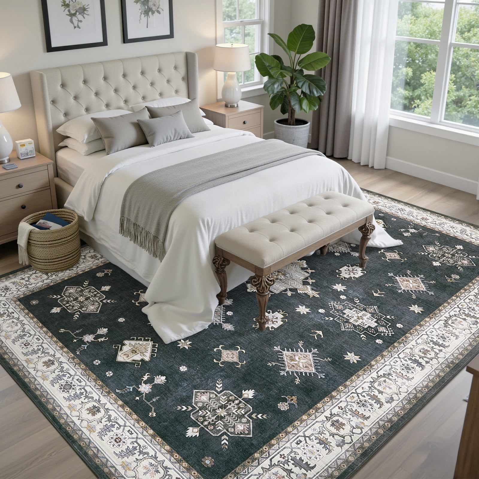 8x10 Living Room Area Rug,Washable Vintage Carpet Non Slip Indoor Rug, Retro Traditional Accent Throw Low Pile Large Rug for Farmhouse, Office, Bedroom, Dining Room.