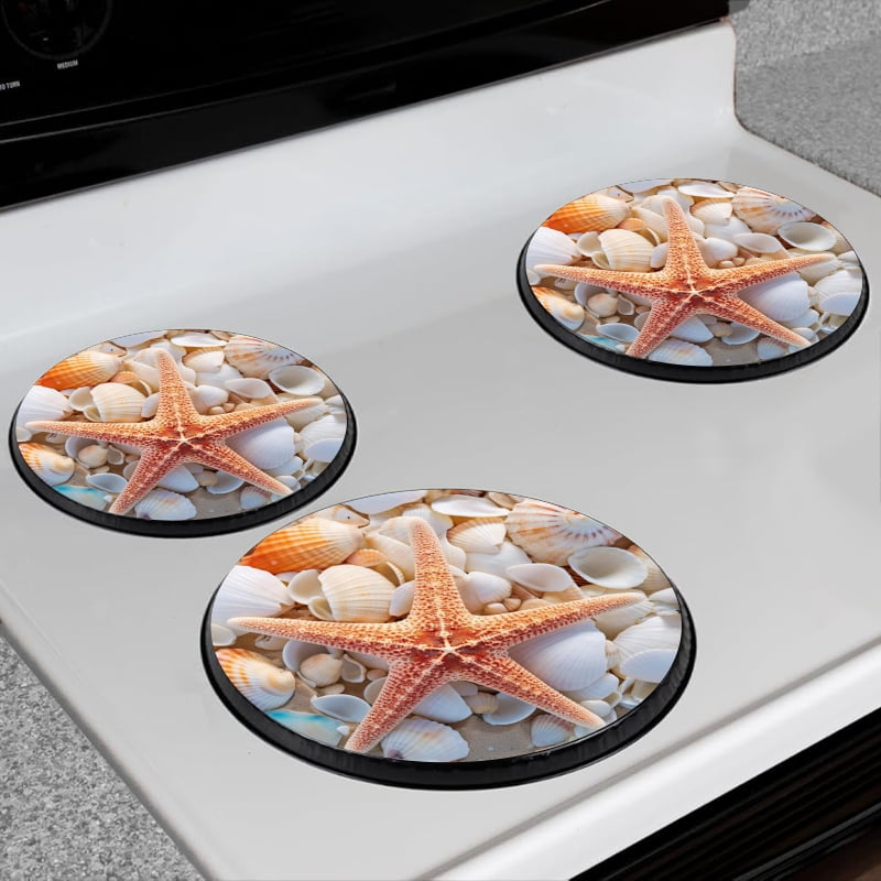 Bahomeck Electric Stove Burner Covers Set Of 4,Starfish Surrounded By Seashells On The Sandy Beach Metal Gas Stove Burner Covers,Protecting Gas Stoves,8 Inch And 10 Inch