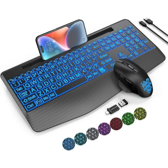 ERDS-Wireless Keyboard and Mouse Backlits, Wrist Rest, Jiggler Mouse, Rechargeable Ergonomic Keyboard with Phone Holder, Silent Light Up Combo for Computer, Mac, PC, Laptop, Chromebook (Large Print)