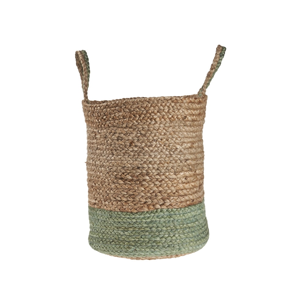 LR Home Woven Round Jute 15" Storage Basket with Handles, Natural/Seafoam Stripe