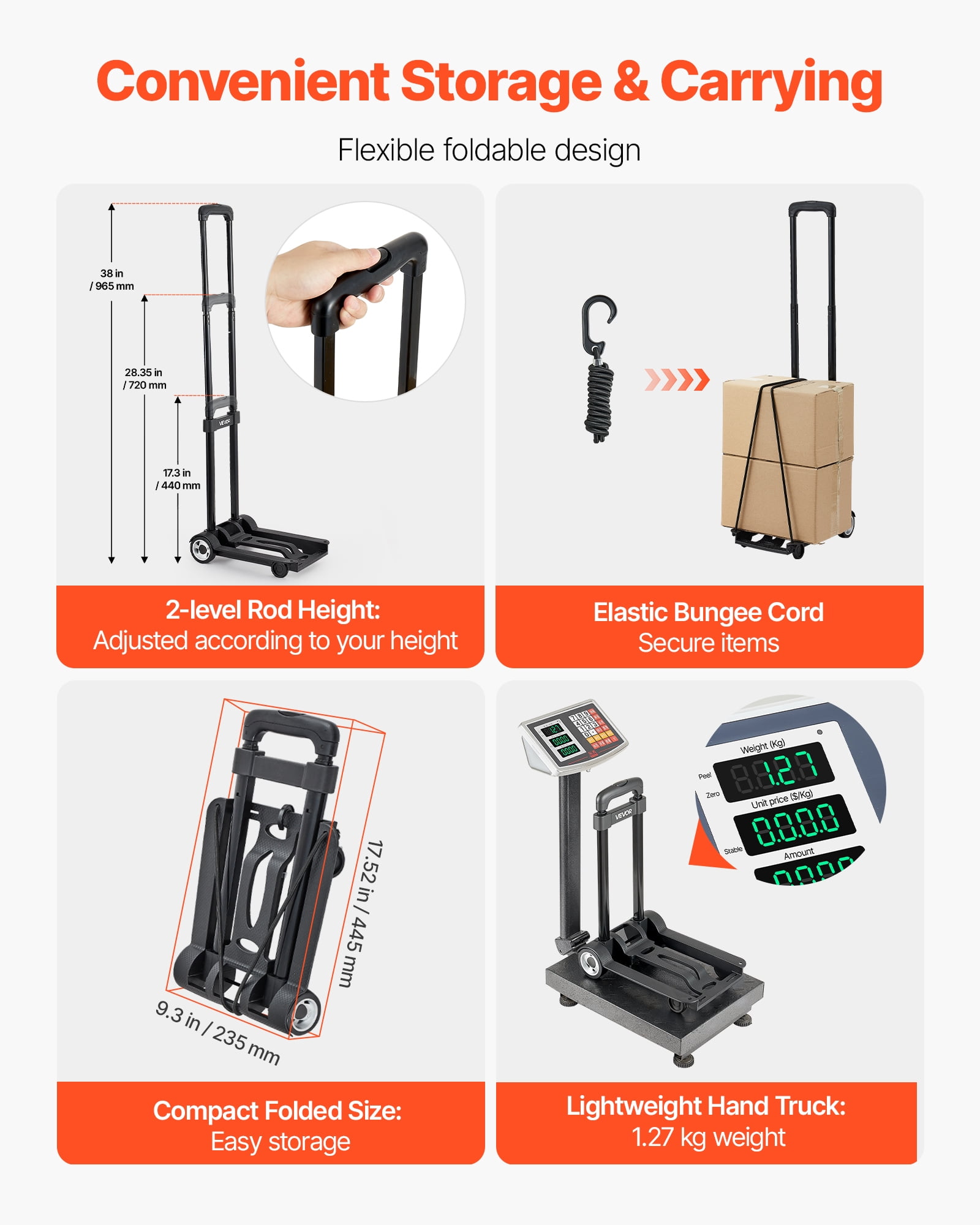 VEVOR Folding Hand Truck, 110 lbs Load Capacity, Collapsible Luggage Cart with 2 Wheels & 1 Elastic Rope, Utility Dolly Platform Cart for Airport Travel Furniture Luggage Office Moving, Black