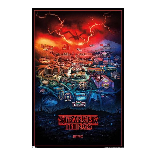 Poster de Papel ST4 Hawkins Indiana Trend Global 88x57cm featuring a multicolor illustrated map of Hawkins town with a red sky, lightning, and a shadowy creature, printed on paper without frame, ideal for home or office decoration and often used to add a pop culture element to wall decor.