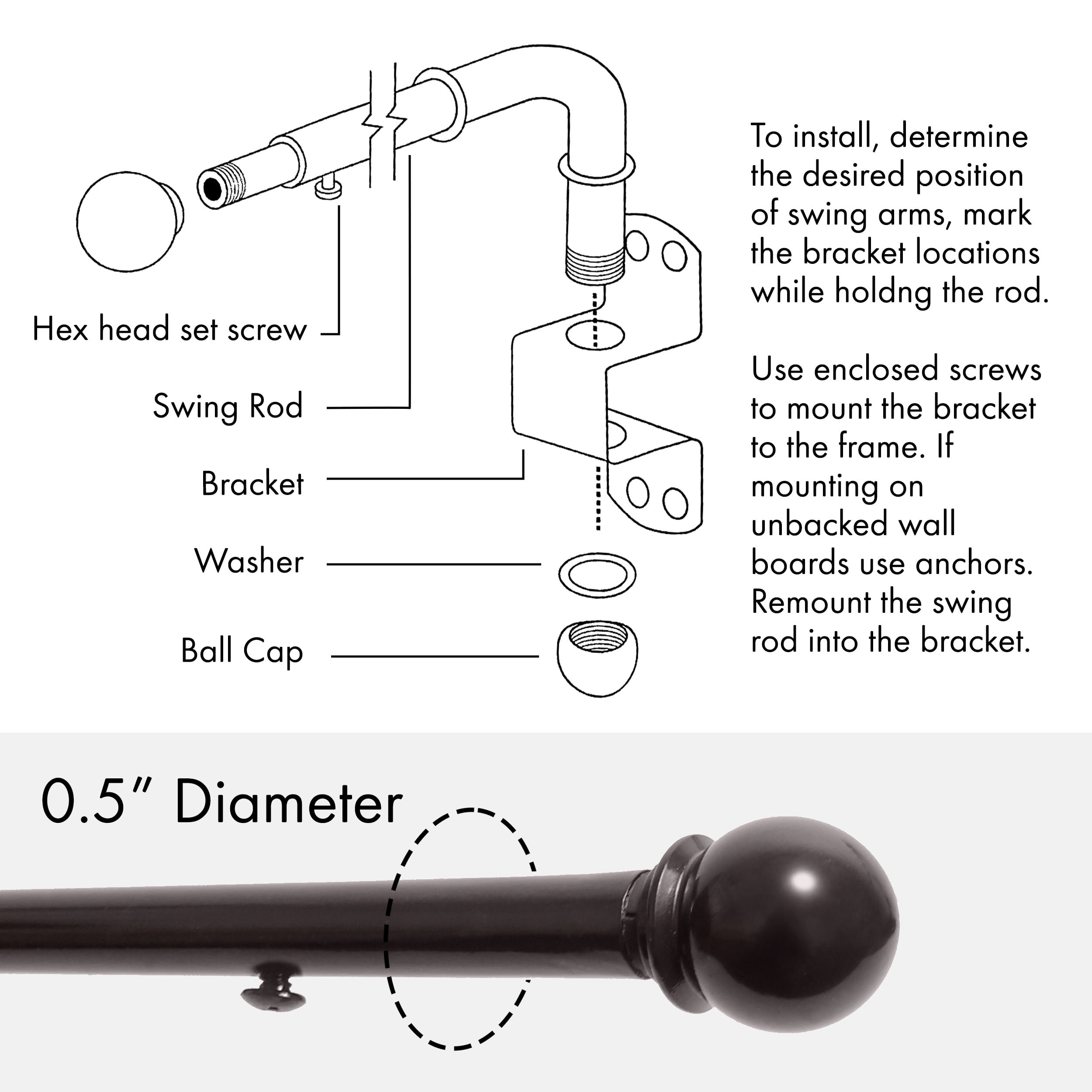 MERIVILLE 14"-24" Swing Arm Curtain Rod, 1/2" Diameter, Oil-Rubbed Bronze, 2 Pieces