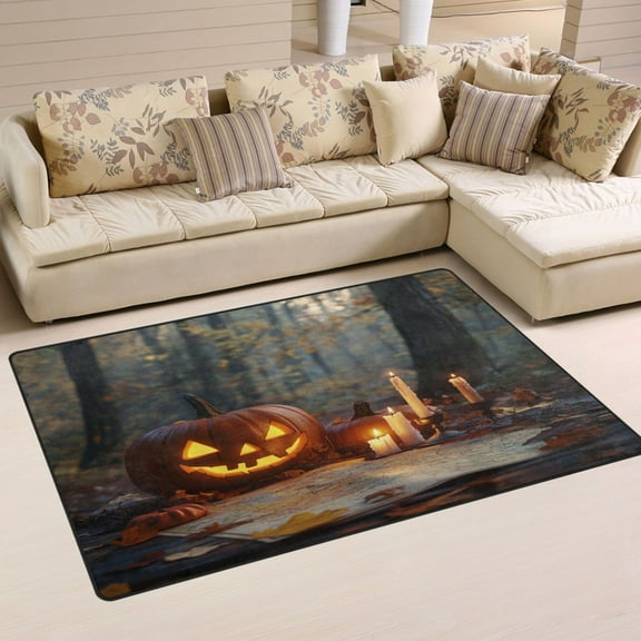 Non-Slip Area Rug 31"x20" Indoor Washable Floor Mats Carpet Printed for Living Room, Bedroom, Home Decor Halloween Pumpkins and Candles