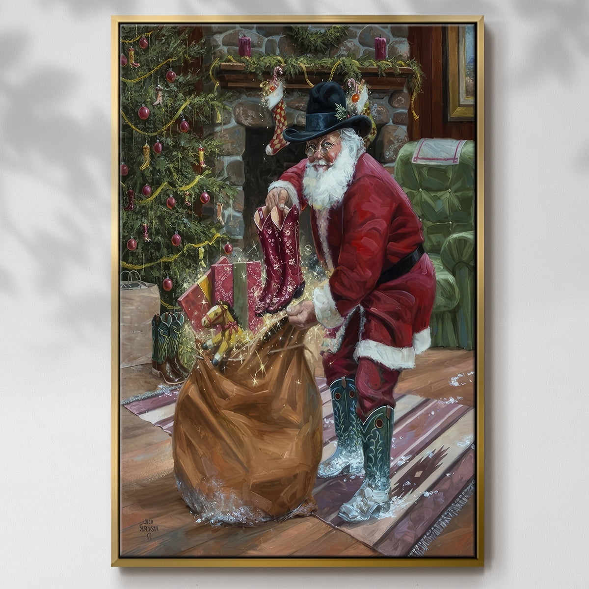 New Boots for Christmas - Framed Gallery Wrapped Holiday Canvas - 25 x 37 - Gold Frame