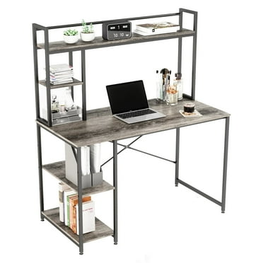 Bestier 55" Gaming Desk with Upper Shelf, Computer Desk with Hutch & Adjustable Shelves for Home Office, Gray