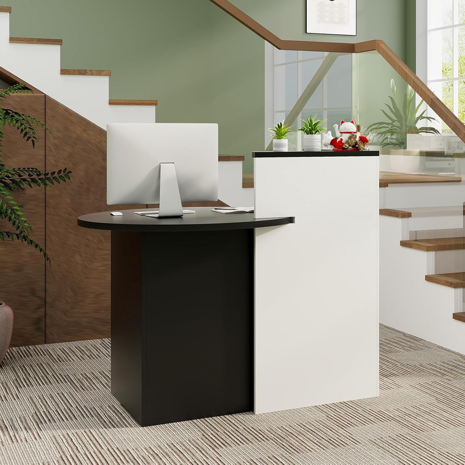 Reception Desk, Small Retail Checkout Counter with Lockable Drawer and Open Shelves, Wooden Front Desk Reception Counter, Oval Desktop & L Counter for Store Office Lobby Salon (Black & White)