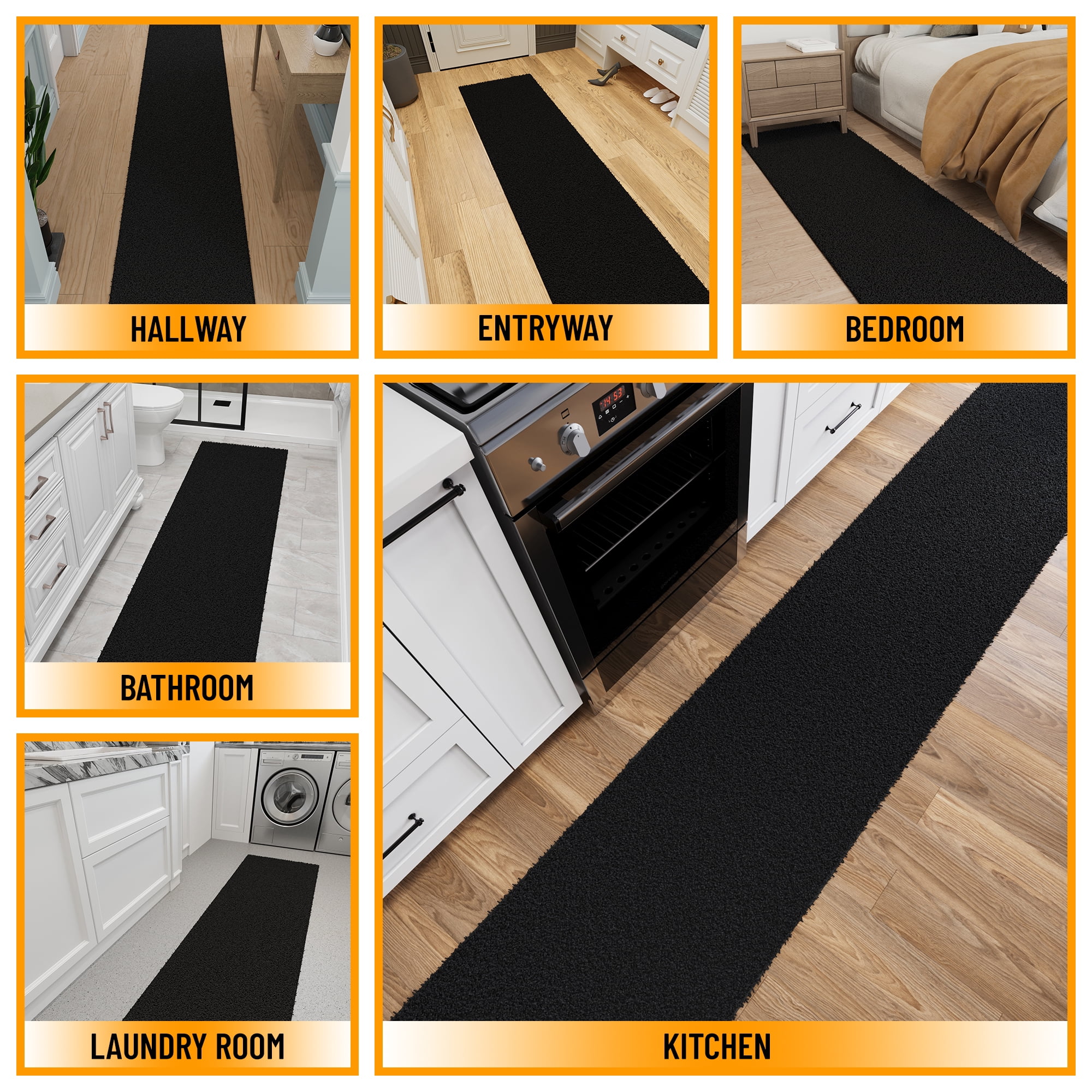 Ottomanson 2x7 Non-Slip Shag Runner Rug Plush Carpet for Bedrooms & Hallways, 2' x 7', Black