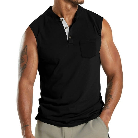 Men's Henley Tank Top β Sleeveless V-Neck Button-Up Muscle Tee with Pocket, Lightweight Linen Blend for Summer Beach & Gym